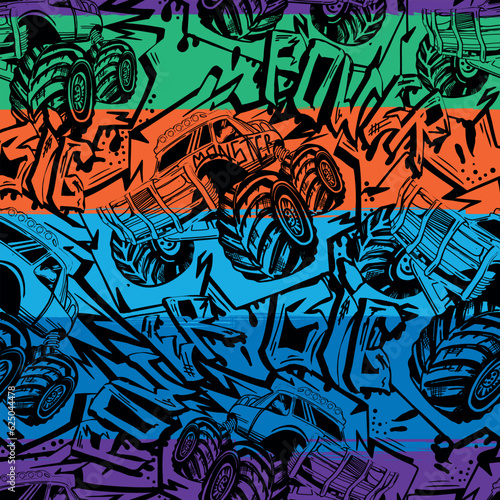 Abstract seamless Monster Truck car pattern on grunge shape cracked background with shabby dots and spray paint texture, ink. Boys style wheel auto repeated backdrop. 