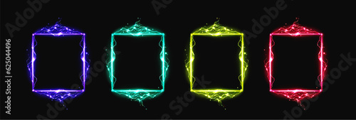 Neon lightning effect electric glow frame vector. Magic spark border with thunder sign energy. Magic portal rectangle shape with led plasma discharge in pink, green, gold, purple bright color.