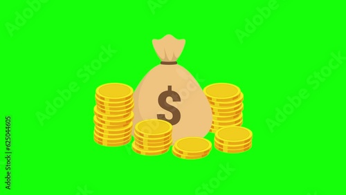 Sack full of dollar cash money and gold coins. Banking concept financial realistic icon of moneybag. cartoon style motion graphic on green screen