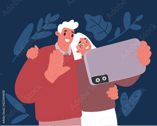 Cartoon vector illustration of lovely couple taking selfie