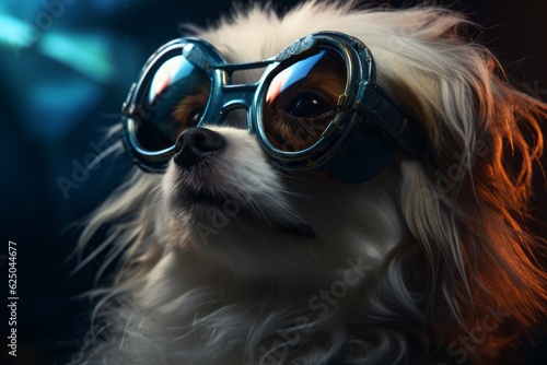 Dog in fur with golden glasses, photorealistic fantasy style, dieselpunk, zuckerpunch, pure color. Close-up. generation ai © Sergii