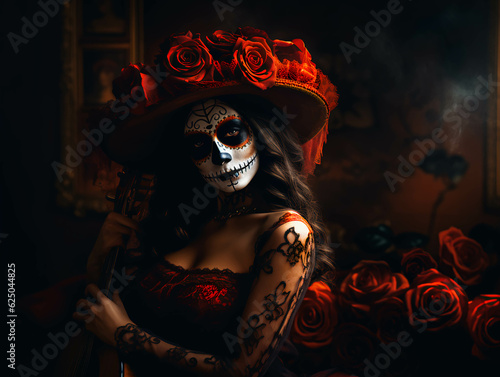 Leinwand Poster ilustración de una mujer latina sensual posando en el Día de Muertos
