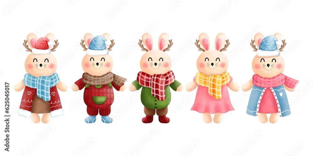 Christmas party fun with cute watercolor bunny clipart collection.Little bunny with antlers,colorful winter colthes,beanie and scarfs. Christmas party fun with cute watercolor bunny clipart collection.Little bunny with antlers,colorful winter colthes,beanie and scarfs.