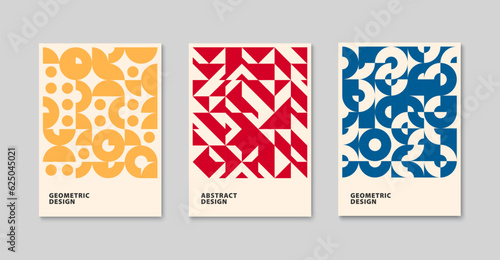 Modern geometric pattern background. Abstract circle, triangle and square art. Trendy bauhaus pattern set. Vector illustration