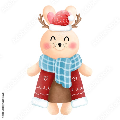 Festive christmas bunny clipart.Cute little bunny with antlers,blue scarf,red beanie,red and brown dress.