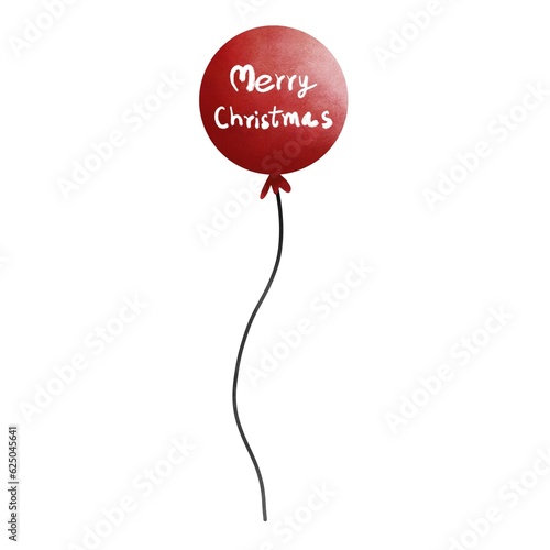 Watercolor red balloon with merry christmas letters illustration.