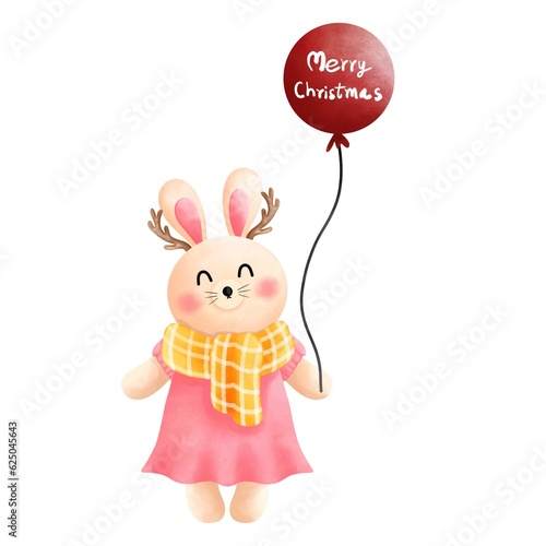Festive christmas bunny with balloon clipart.Cute little bunny with red balloon.