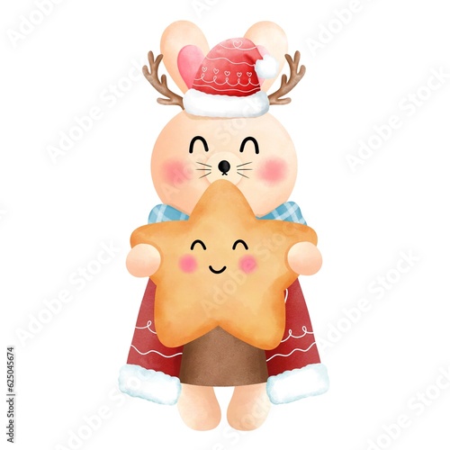 Festive christmas bunny clipart.Cute little bunny with star,antlers,blue scarf,red beanie,red and brown dress.