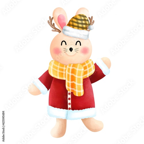 Festive christmas bunny clipart.Cute little bunny with antlers,blue scarf,red beanie and red santa claus costume.