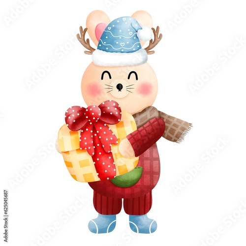 Festive christmas bunny clipart.Cute little bunny with gift box,antlers,blue beanie,brown scarf,red and green clothes.