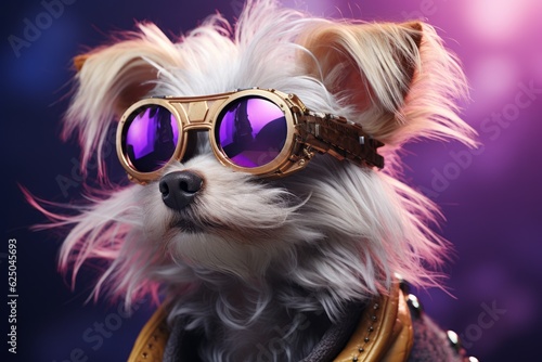 Dog in fur with golden glasses, photorealistic fantasy style, dieselpunk, zuckerpunch, pure color. Close-up. generation ai © Sergii