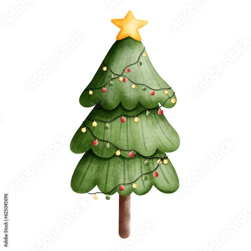 Watercolor christmas tree illustration with festive lights and star. Watercolor christmas ornament clipart.