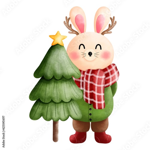 Festive christmas bunny clipart.Cute little bunny with christmas tree,antlers,green sweater,brown pants and red scarf.