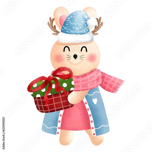Festive christmas bunny clipart.Cute little bunny with gift box,antlers,pink scarf,blue beanie,pink and blue dress.