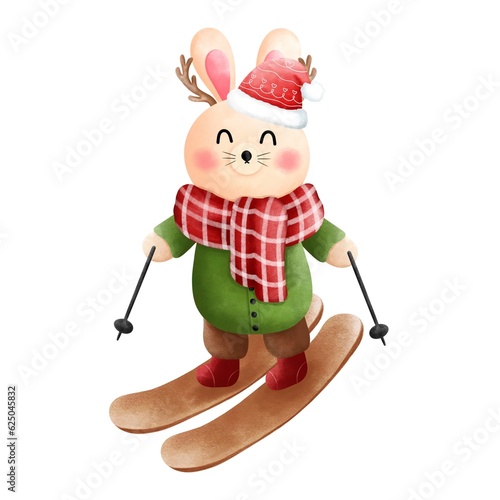 Adorable watercolor bunny with antlers skiing in a green sweater and brown pants.