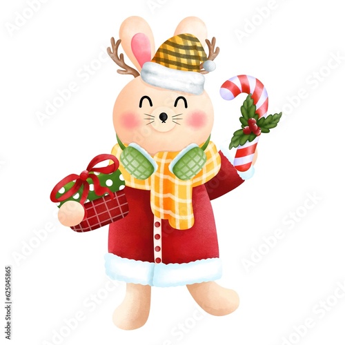 Watercolor christmas bunny with antlers wearing santa claus costume holding gift box and candy cane.