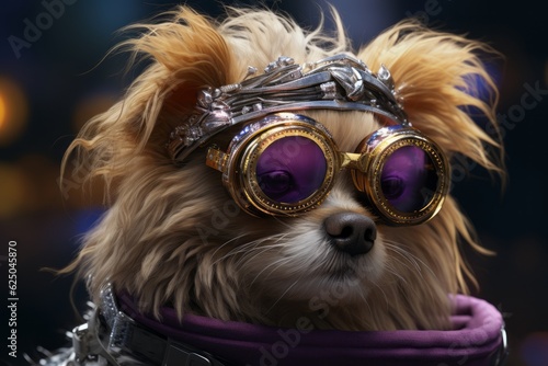 Dog in fur with golden glasses, photorealistic fantasy style, dieselpunk, zuckerpunch, pure color. Close-up. generation ai © Sergii