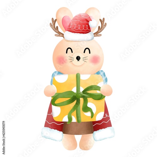 Adorable watercolor christmas bunny with antlers in red dress and blue scarf holding a gift box.