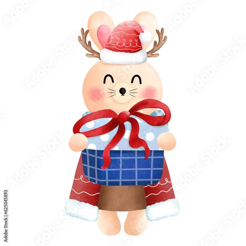 Charming watercolor bunny in red dress,beanie hat and blue scarf with a gift box for christmas.