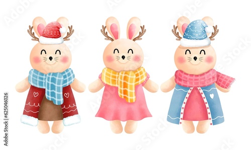 Festive christmas little bunny clipart collection.Cute little bunny with antlers,scarf, beanie and winter costume.