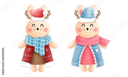Festive christmas little bunny clipart set.Cute little bunny with antlers,scarf, beanie and winter costume.