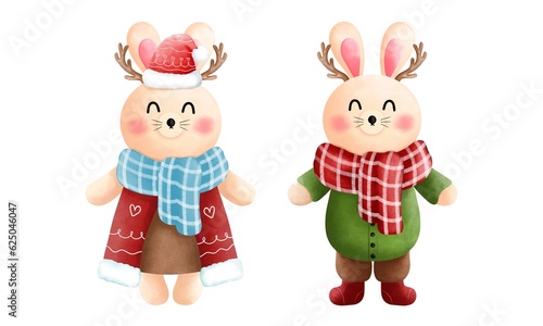 Set of festive christmas bunny clipart.Cute little bunny with antlers,scarf, beanie and winter costume.