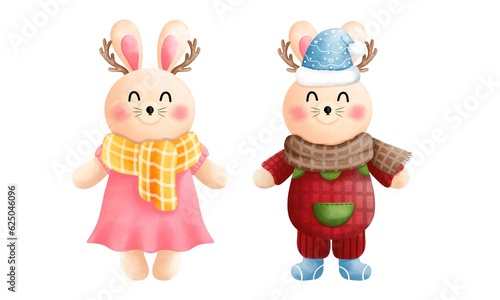 Set of festive christmas cute bunny clipart.Cute little bunny with antlers scarf  beanie and winter costume.