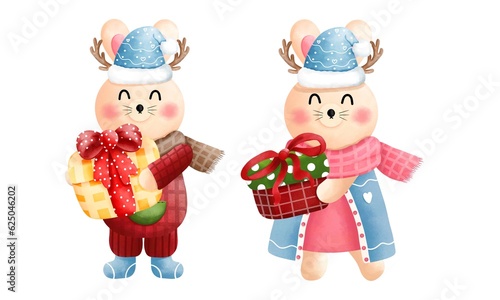 Set of festive christmas bunny clipart.Cute little bunny with gift boxs,antlers,scarf,beanie and christmas costume.