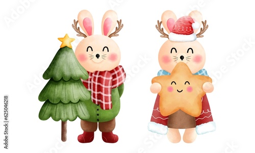 Set of christmas little bunny with christmas tree,star,antlers,scarf, beanie and winter costume.