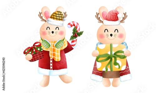 Festive christmas bunny clipart set.Cute little bunny with gift boxs,candy cane,antlers,scarf,beanie and christmas costume.