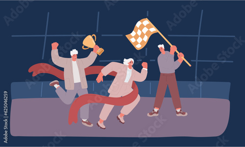 Cartoon vector illustration of Joyful office workers or clerks crossing finish line and tearing red ribbon. Concept of people taking part in professional competition, rivalry at work