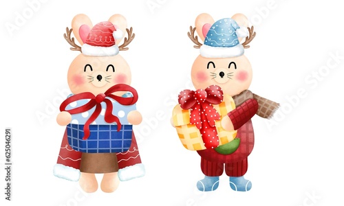 Festive christmas bunny clipart set.Cute little bunny with gift boxs,antlers,scarf,beanie and christmas costume.