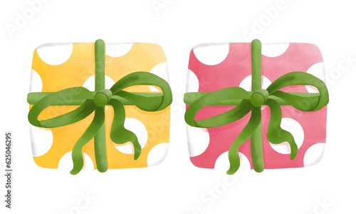 Set of watercolor pink and yellow christmas gift box with green ribbon bow. Festive clipart illustration.