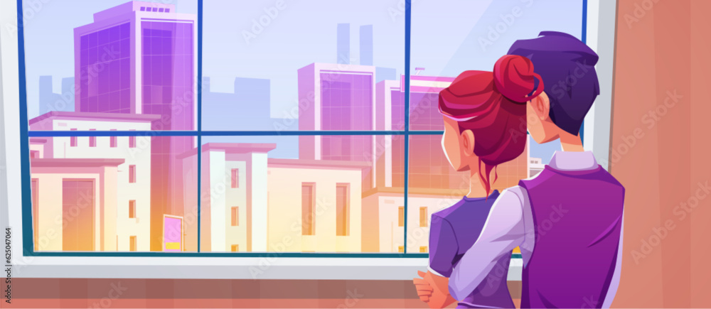 Couple standing near city building view window cartoon background. Man and woman character in flat room with cityscape landscape environment. Orange, yellow and purple downtown exterior at sunset Couple standing near city building view window cartoon background. Man and woman character in flat room with cityscape landscape environment. Orange, yellow and purple downtown exterior at sunset