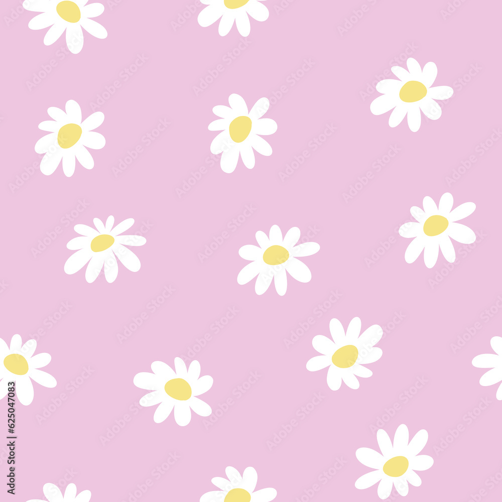 Seamless pattern with chamomile flowers on pink background. Tender cute floral background. Girlish endless illustration with white hand drawn flowers