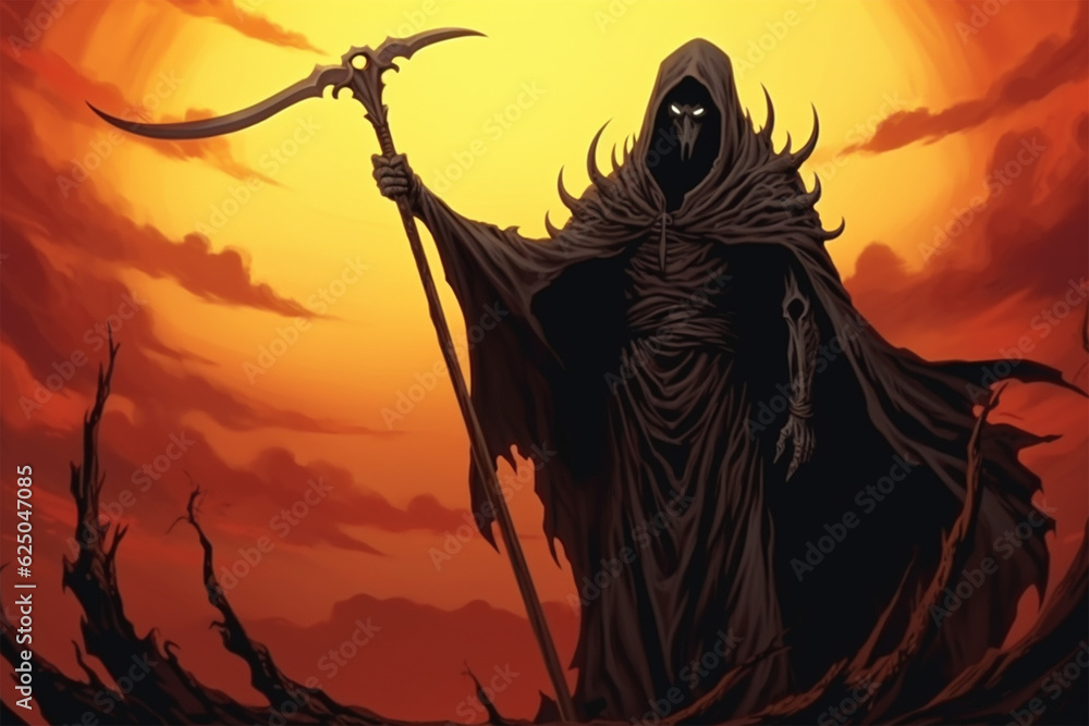 Generative AI.
god of death background carrying scythe