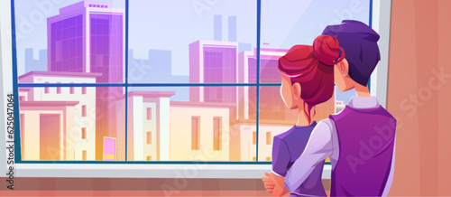 Couple standing near city building view window cartoon background. Man and woman character in flat room with cityscape landscape environment. Orange, yellow and purple downtown exterior at sunset