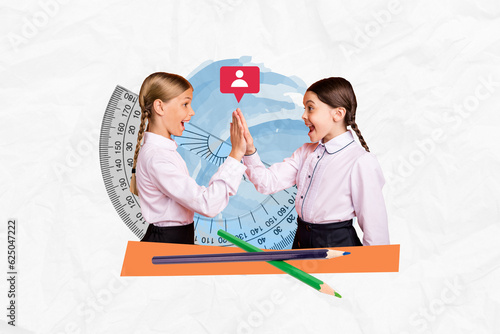 Creative cooperation template classmates two girls collage picture high five teamwork good job challenge done isolated on white background photo