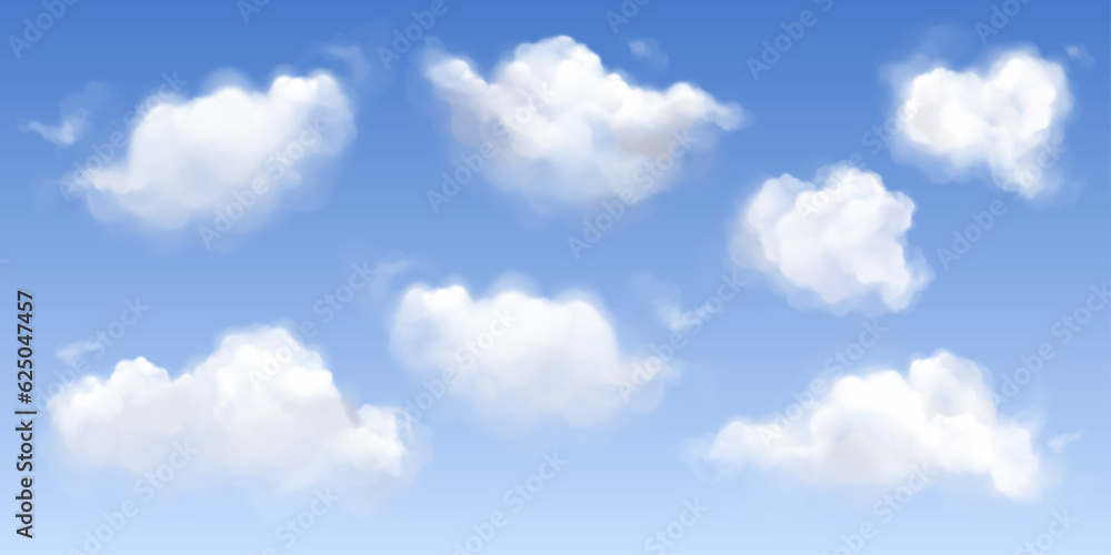 Vector white fluffy cloud in blue sky background. Realistic air cloudy texture design collection for summer, spring, winter and autumn weather illustration. Abstract heaven atmosphere environment Vector white fluffy cloud in blue sky background. Realistic air cloudy texture design collection for summer, spring, winter and autumn weather illustration. Abstract heaven atmosphere environment