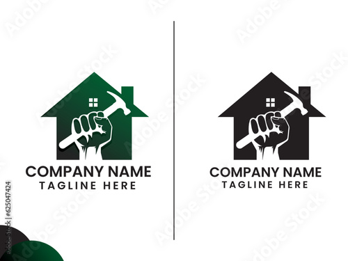 House builder. Home service logo design. Business. Finance. Home repair logo. Creative. Building service. Hand. Power. Premium template. Hamer