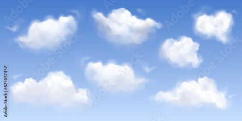 Vector white fluffy cloud in blue sky background. Realistic air cloudy texture design collection for summer, spring, winter and autumn weather illustration. Abstract heaven atmosphere environment