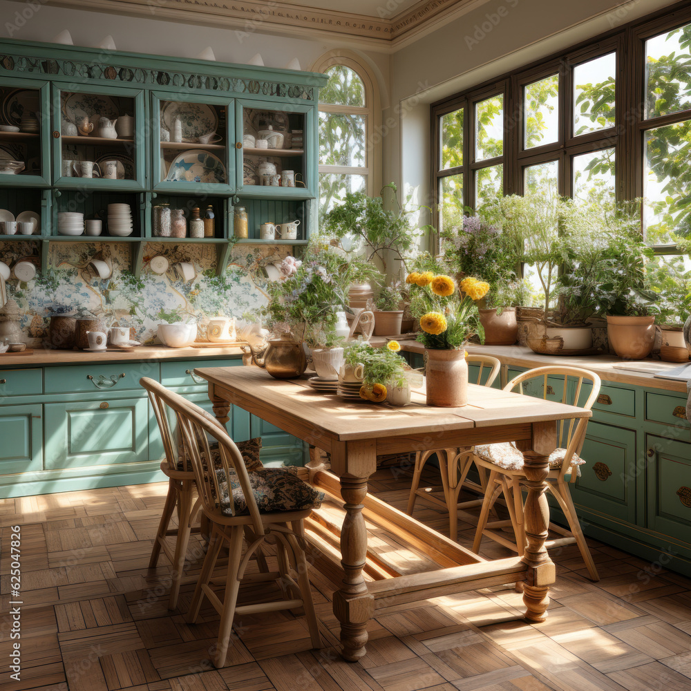 The kitchen with garden scenery includes Country
