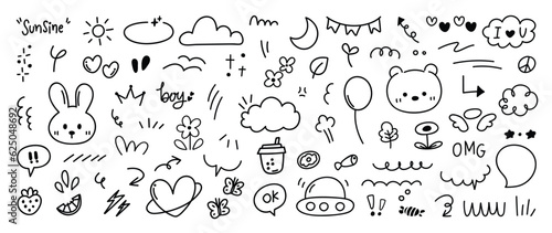 Set of cute pen line doodle element vector. Hand drawn doodle style collection of heart, speech bubble, word, cloud, strawberry, balloon. Design for decoration, sticker, idol poster, social media