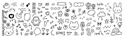 Set of cute pen line doodle element vector. Hand drawn doodle style collection of heart, speech bubble, word, cloud, penguin, ice cream. Design for decoration, sticker, idol poster, social media