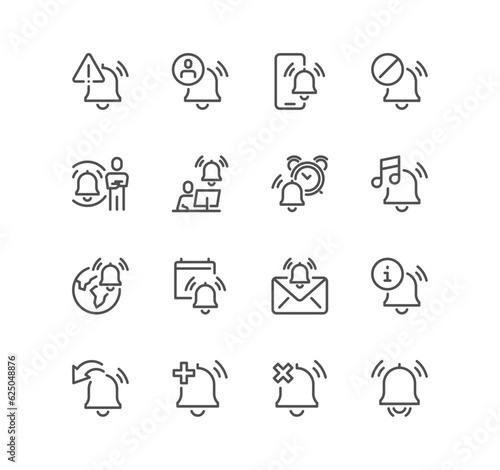 Set of notification related icons, alarm clock, calendar reminder, notification bell, message alarm, phone ring, time reminder, delivery notification, calendar bell and linear variety vectors.