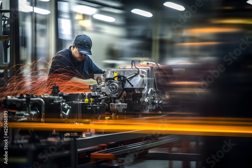 Abstract motion blur shot of a factory worker operating a production line, highlighting the speed and efficiency in mass production. Generative AI