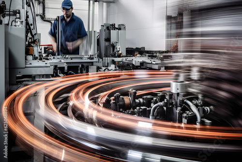Abstract motion blur shot of a factory worker operating a production line, highlighting the speed and efficiency in mass production. Generative AI