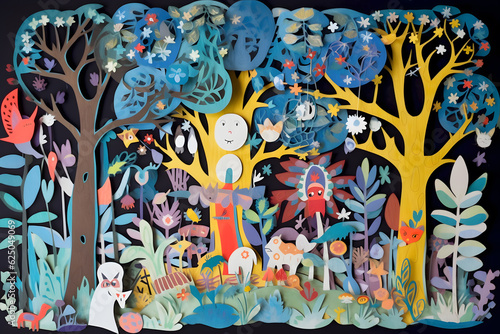 Whimsical paper cut scene of a magical forest with whimsical creatures and trees, conveying the enchantment and wonder of nature. Generative AI