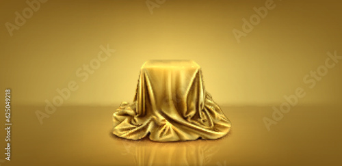 Gold silk cloth podium box cover to reveal gift 3d background. Golden satin fabric hidden secret and mystery surprise object. Luxury presentation in studio with tablecloth on stand. Hide cube scene