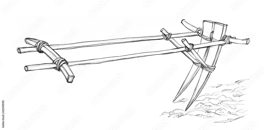 Obraz premium Pencil drawing. Vintage wooden plow